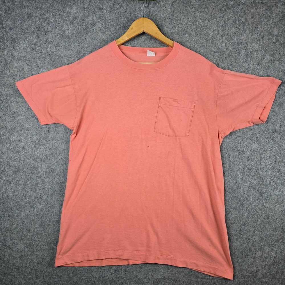 Vtg 80s Pocket Shirt Mens‎ L Peach Pink Single Stitch Selvedge Blank Distressed